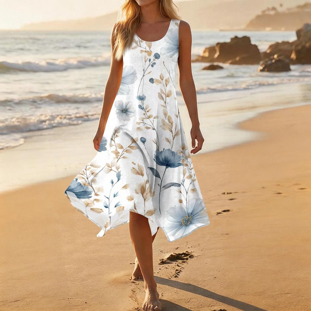 Women’s Casual Sleeveless Round Neck Floral Print Midi Dress with Asymmetrical Hem Loose Fit Comfortable Style for Daily Wear
