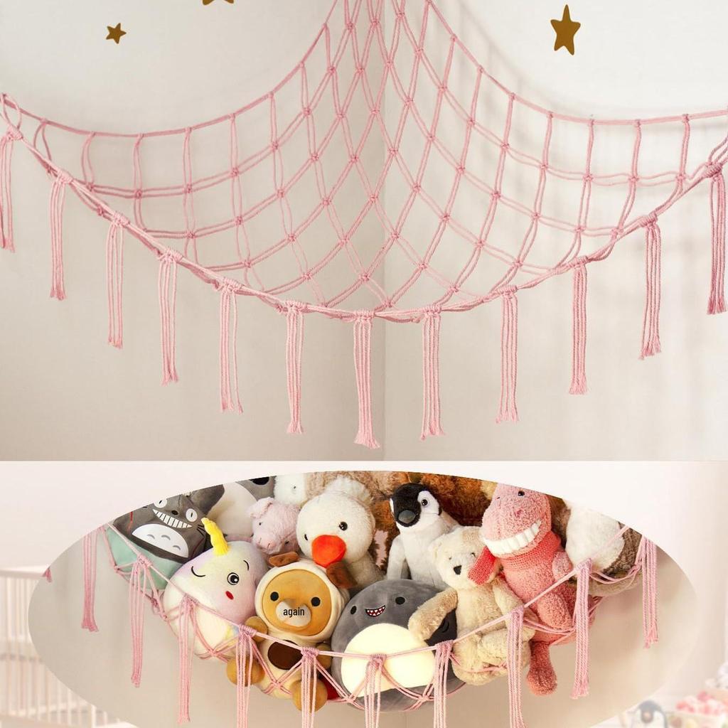 Corner Hanging Woven Cotton Rope Toy Storage Net with Tassels