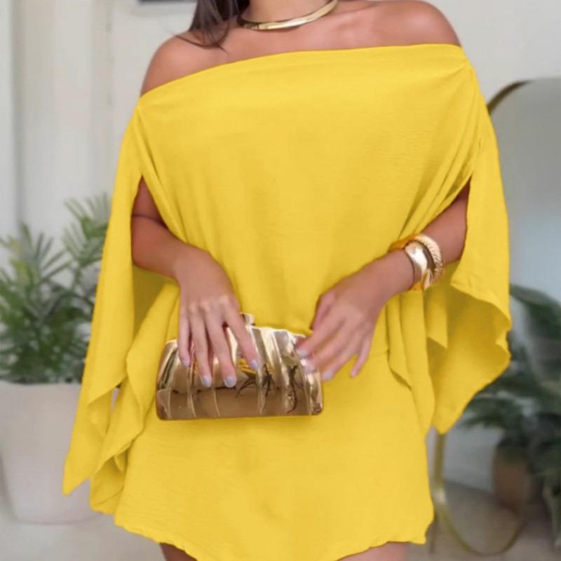 Summer New Solid Color One-shoulder Design Slit Casual Sleeve for Women