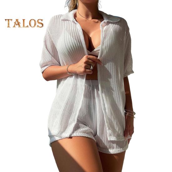 

2 шт./комплект летний накидка комплект рубашка шорты комплект быстросохнущая пляжная одежда с отворотом короткий рукав ажурный дизайн разрез S белый