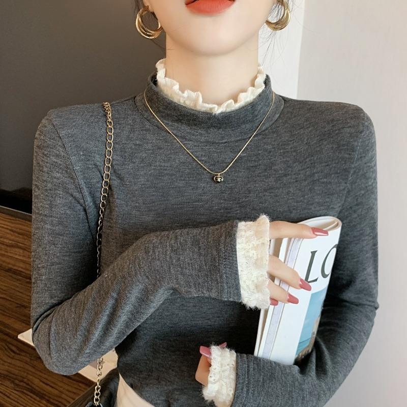 Lace semi-turtleneck bottoming shirt women's spring German velvet inner long-sleeved shirt thickened imitation cashmere versatile top
