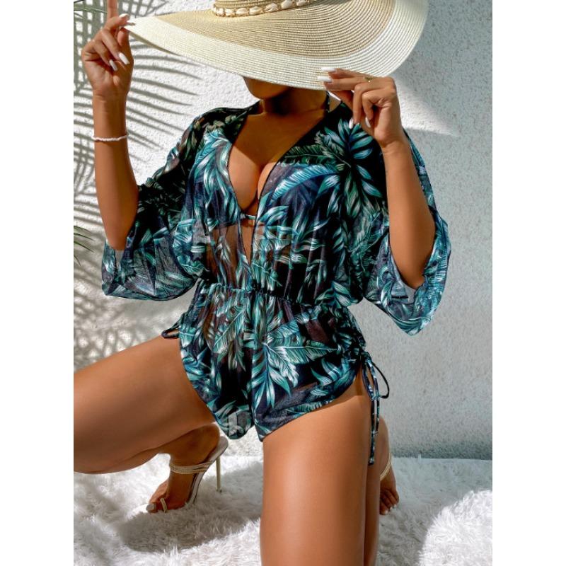 Women Sexy European Style Mesh Printed Three Piece Split Bikini Swimsuit