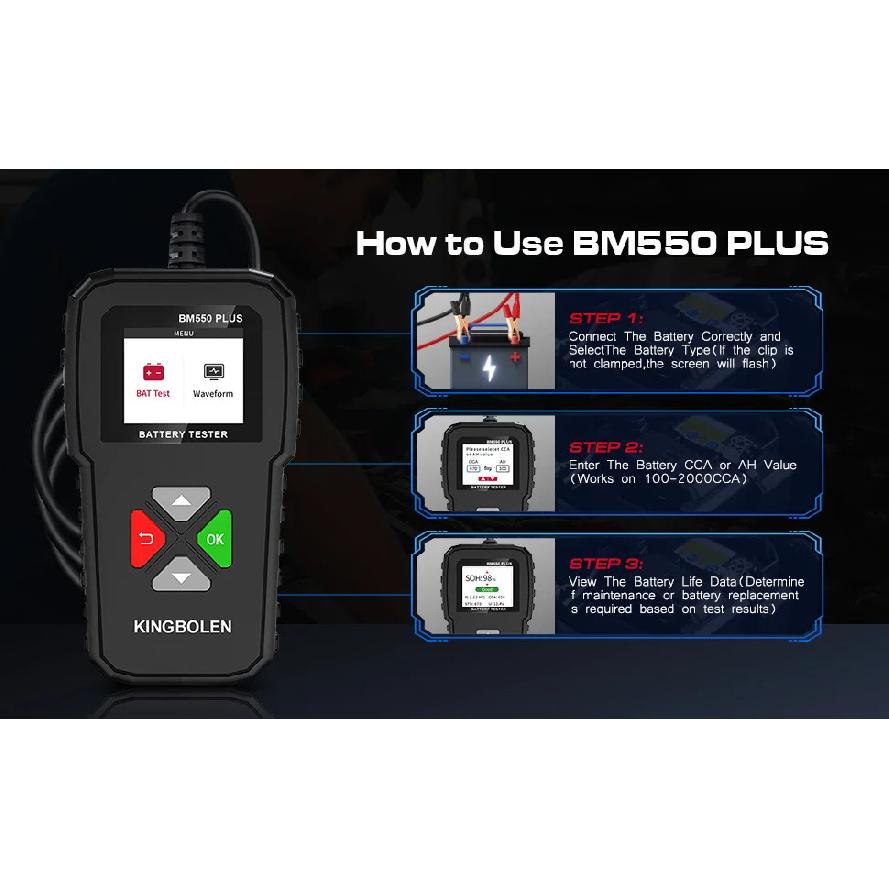 KINGBOLEN BM550 PLUS Tester autobaterií 6V 12V 24V LED displej 100-2000 CCA 2-200Ah Tester alternátoru automobilu Digitální baterie
