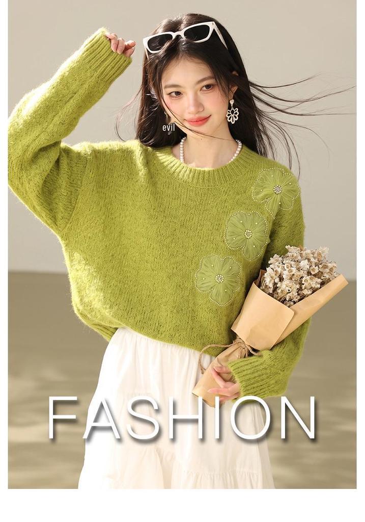 2026 Autumn Soft Fluffy Round Neck Knit Sweater - Sweet Lazy Style Pullover