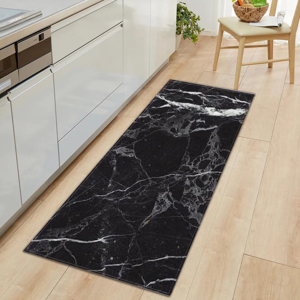 Black White Marble Print Long Runner Rug Non-slip Washable Kitchen Floor Mat Modern Abstract Home Decor Carpet