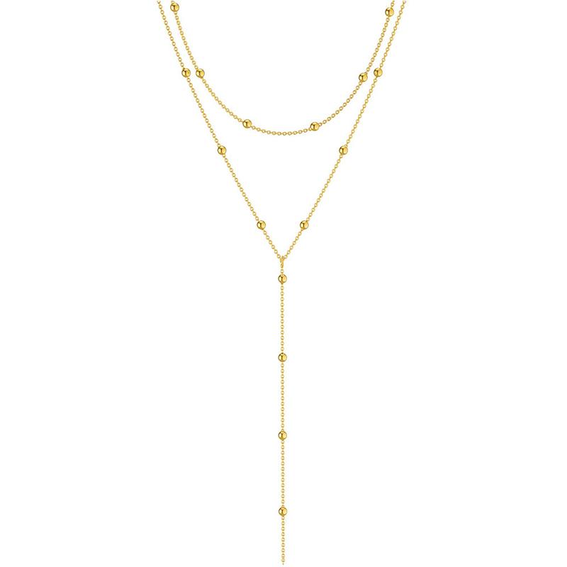 Dainty Long Necklace 14k Gold Plated Y-Shaped Pendant Necklace Trendy Layered Cz Beaded Necklaces Stainless Steel Jewelry