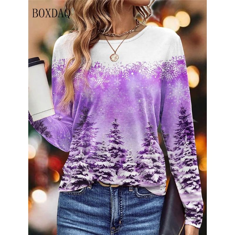 Autumn Winter Snowscape Christmas Style Women T-Shirts Long Sleeve 3d Print Street Hip Hop Ladies Tees 6XL Plus Size Casual Tops