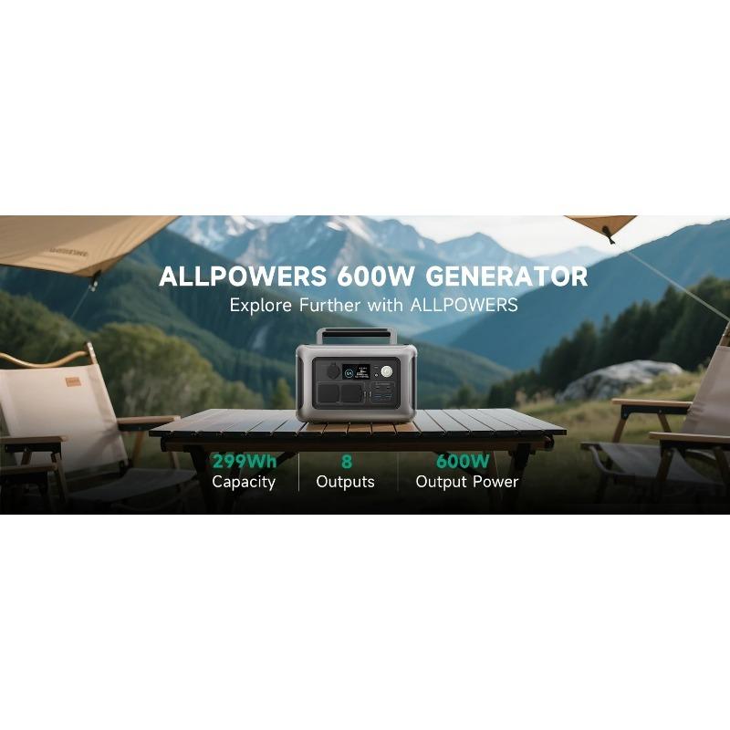 ALLPOWERS R600 Portable Power Station 600W 299Wh LiFePO4 Solar Generator with 2x600W (1200W Surge) AC Outlet for Camping RV Home