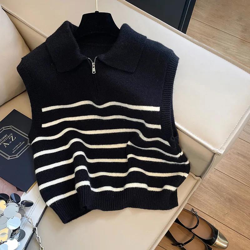 

Retro lapel zipper stripe knitted waistcoat women Autumn Winter Korean fashion sleeveless sweaters casual simple pullover vest For 40-60Kg чёрный