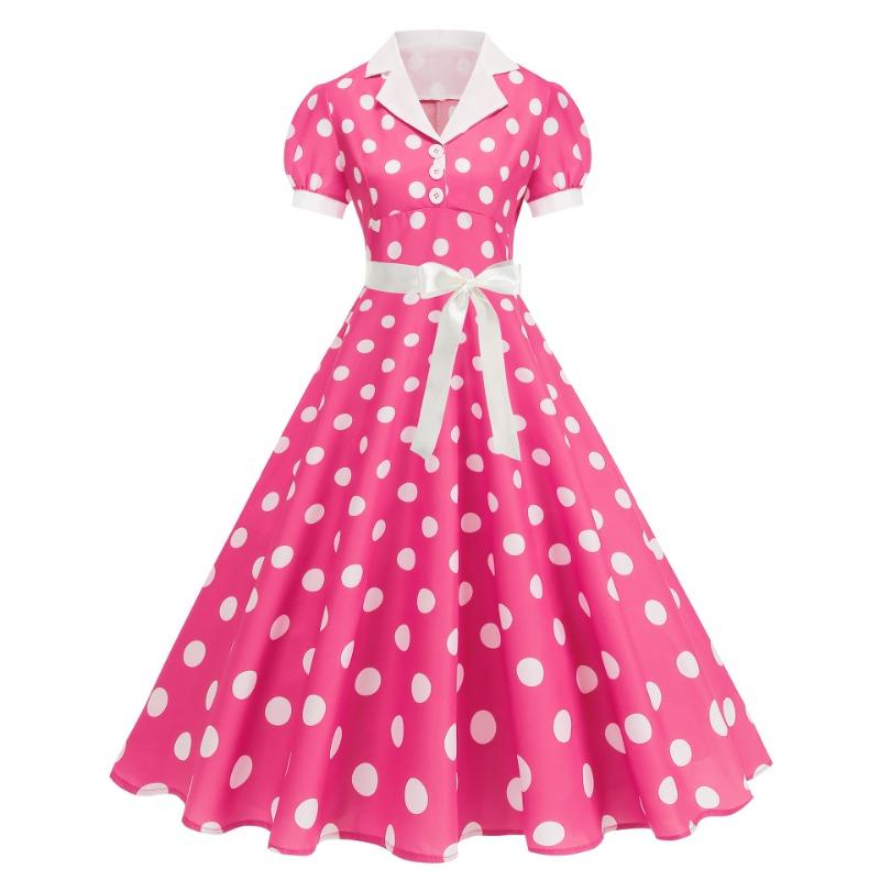 

Temperament female professional retro stand-up collar polka dot splicing pendulum dress with white ribbon S