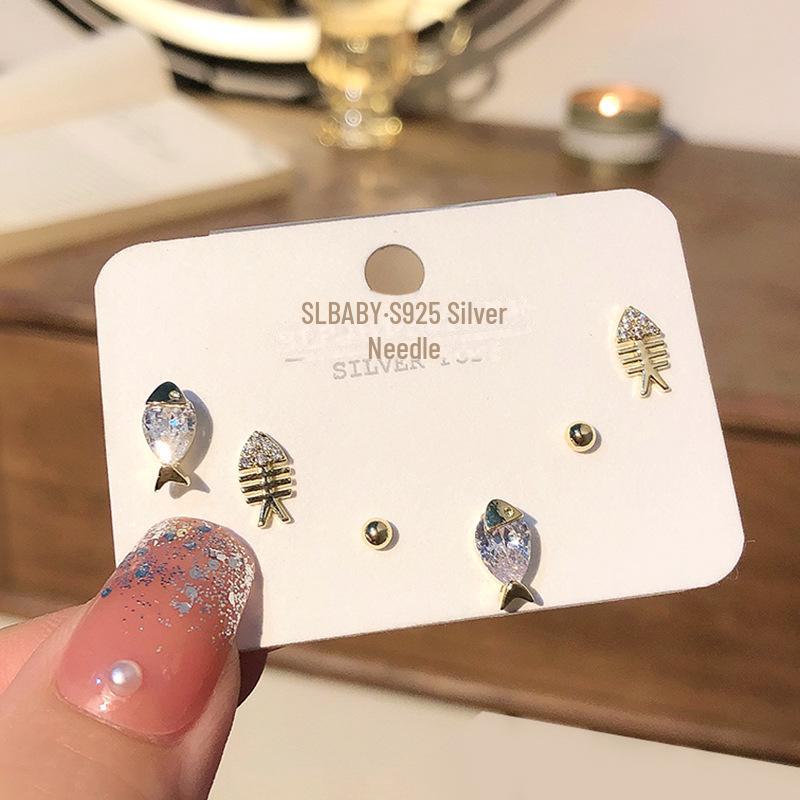 Asymmetric Swan & Snowflake S925 Silver Needle Earrings with Cat's Eye Stone - Korean Style for Women & Students