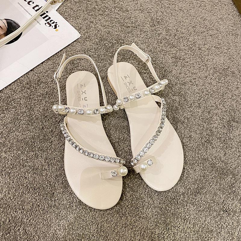 Women's 2024 Summer Rhinestone Pearl Flat Sandals - Korean Style Temperament Casual Shoes