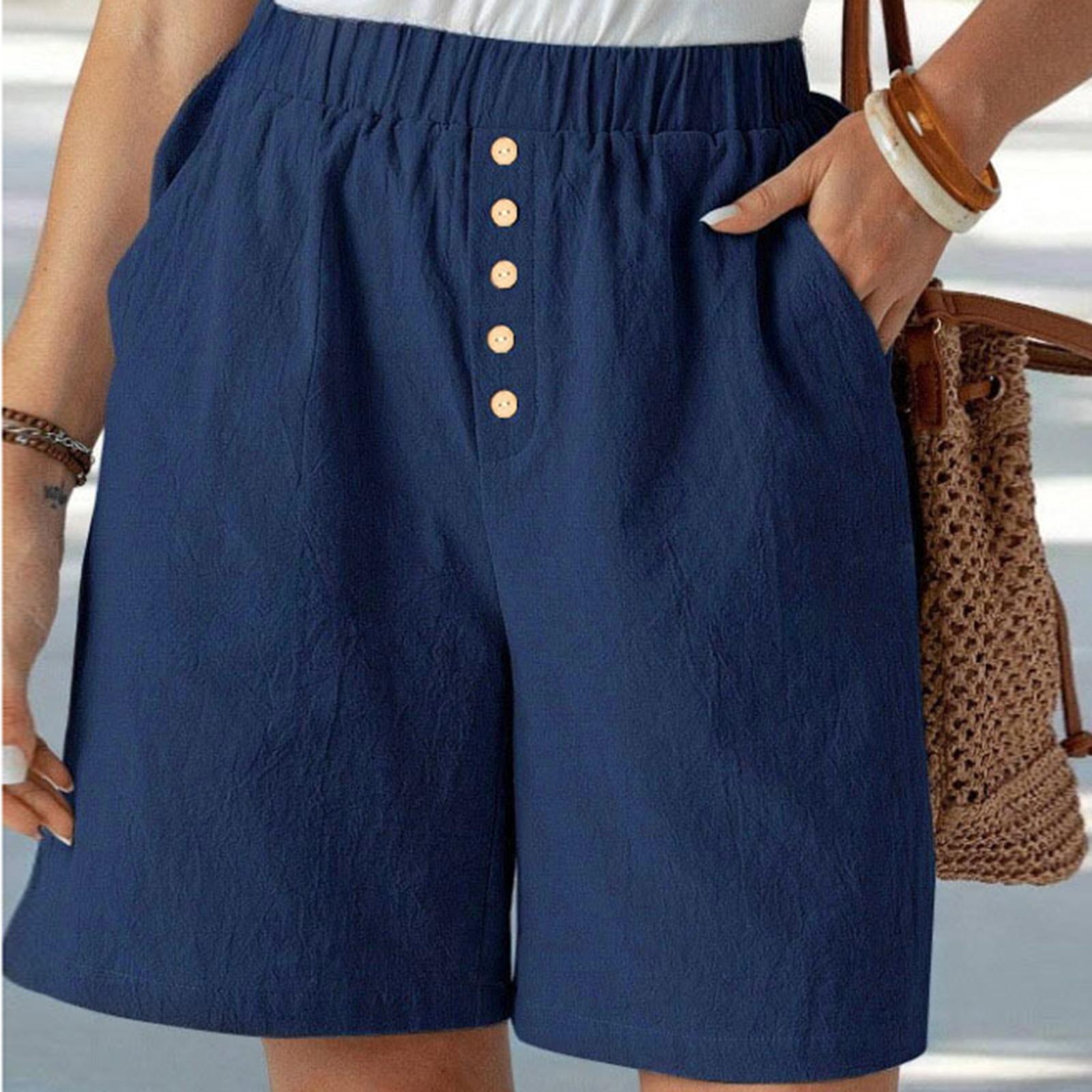 

Women s Shorts Casual Summer Color Drawstring Beach Loose Pockets Shorts M Темно-синій