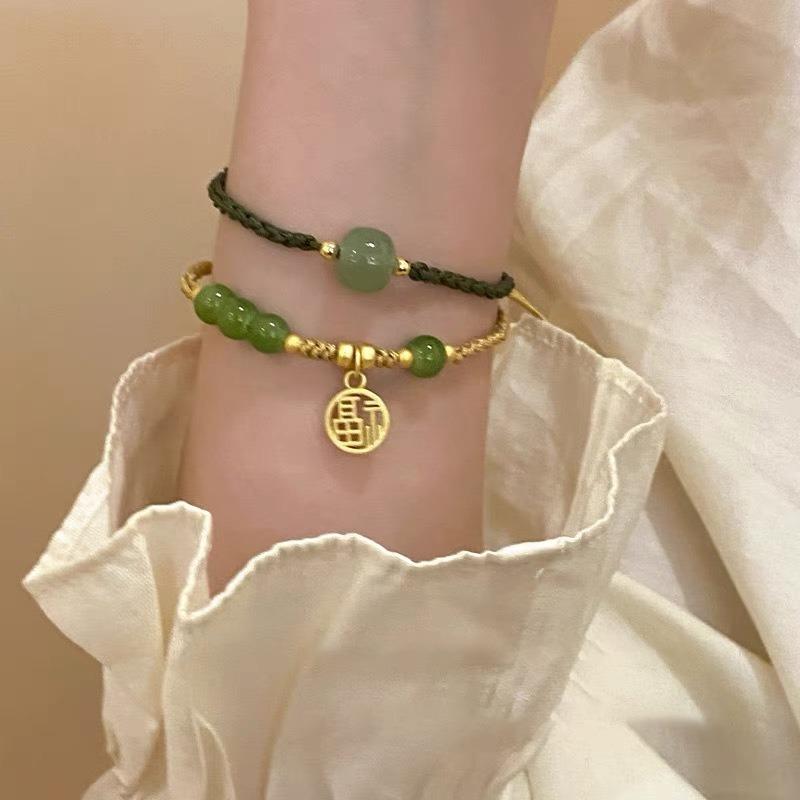 Ping An Buckle Fu Brand Bracelet Female Niche Design Retro Temperament Adjustable Green Woven Hand Rope