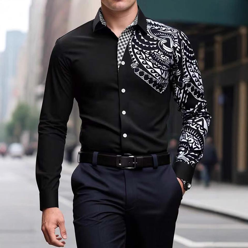 Men S Long Sleeve Slim Fit Printed Casual Shirt M