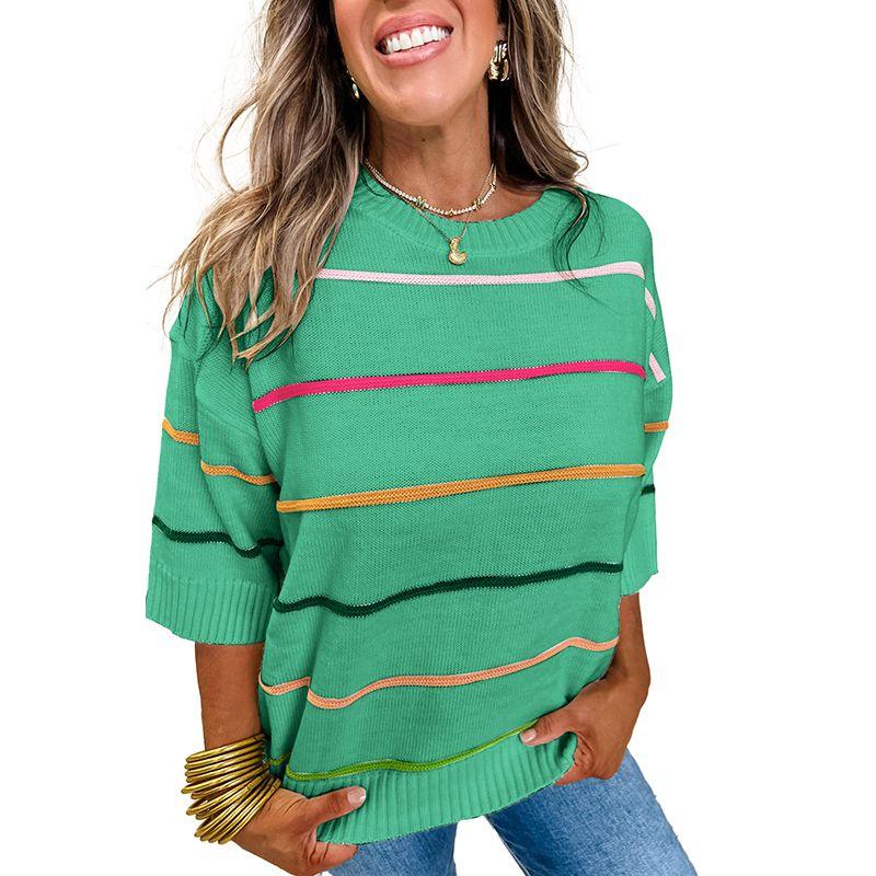 

Американский Shiying Зимний Новый Цветовой Блок Полосатый Свитер с Заниженным Плечом Женский 202 500 Свободный Трикотажный Пуловер Green P922 Size M fit (55.00 kg-62.50 kg