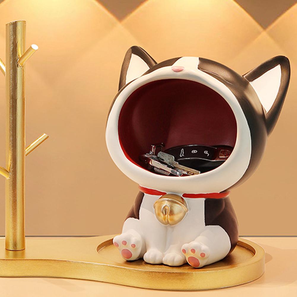 Resin Lucky Cat Statue Sculpture Table Decoration Fortune Cat Miniature Figurine Storage Box Modern Living Room Desk Home Decor