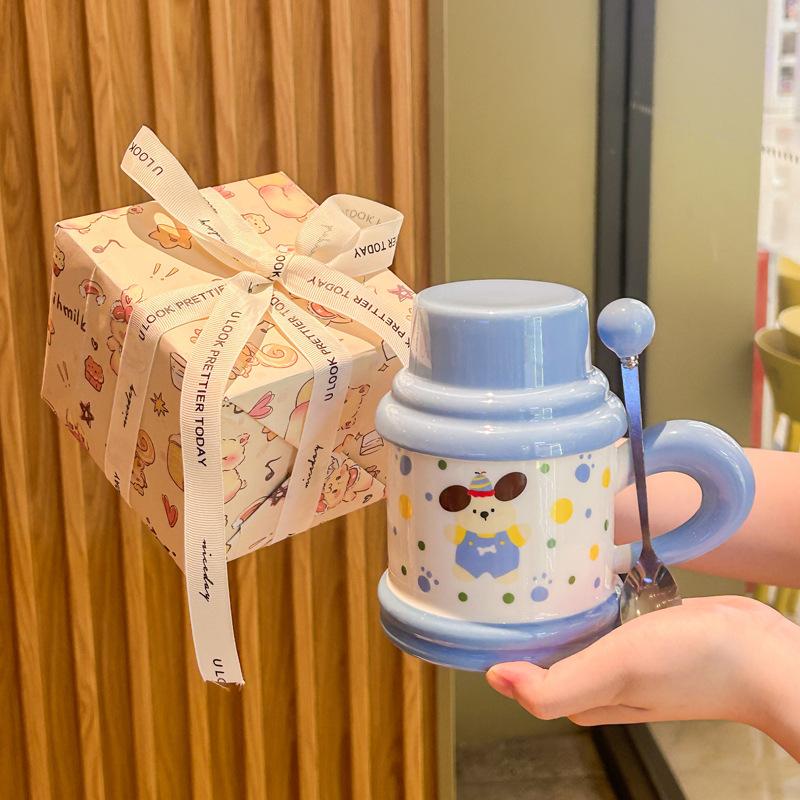 Cute and high-value puppy mug with lid spoon cartoon kitten ceramic cup for girl classmates birthday gift