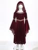 Girls Medieval Princess Costume Halloween Cosplay Hooded Robe Long Trumpet Sleeves Embroidered Trim Velvet Dress