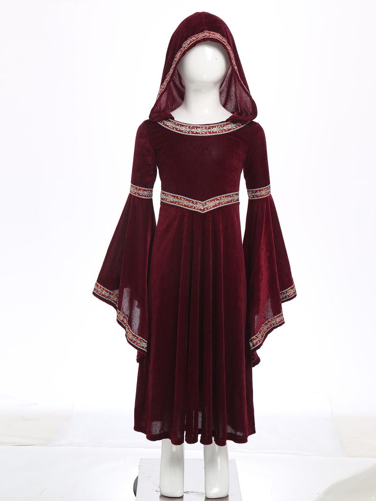 Kids Girls Halloween Princess Robe: Complete Medieval Cosplay Outfit with Hood, Trumpet Sleeves & Detailed Embroidery