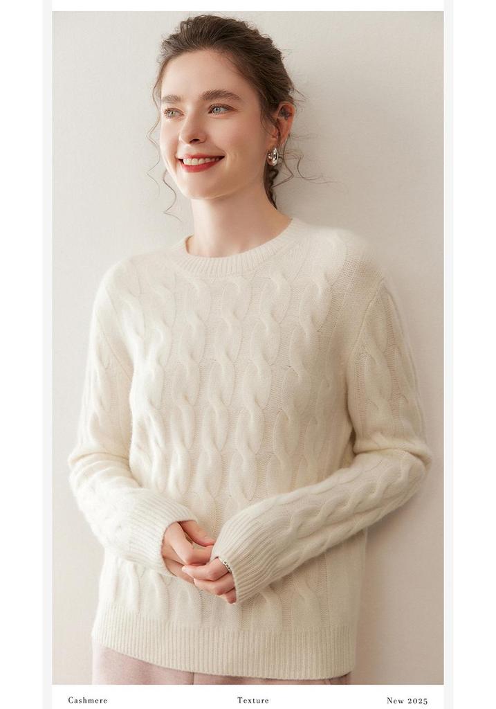 Women's Round Neck Cable Knit Cashmere Sweater - Thickened and Loose Fit for Autumn/Winter