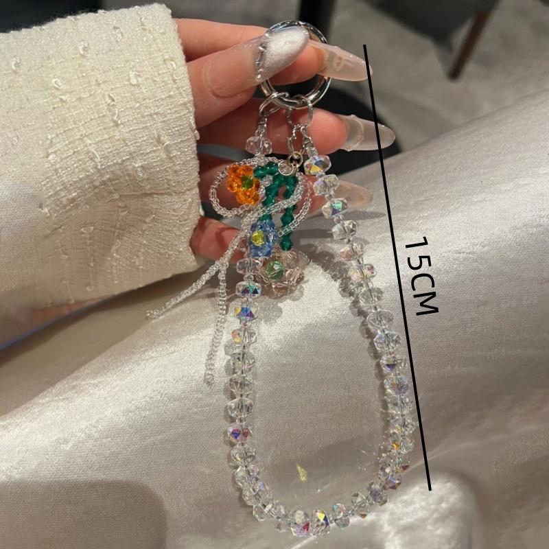 Luxury Sparkle Rhinestone Cute Flower Pendant Bead Hand Chain Wrist Short Hanging Rope With Clip Phone Case Earphone Keychain