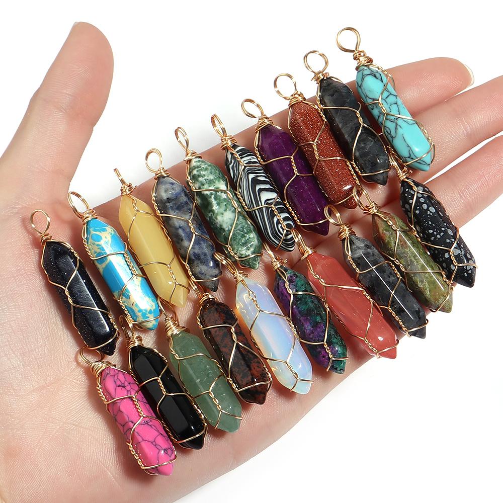 1 Pc Natural Stone Charms 40mm Color Bullet Shaped Handmade Gold Wire Pendants for DIY Necklace Gifts Jewelry Making Accessories