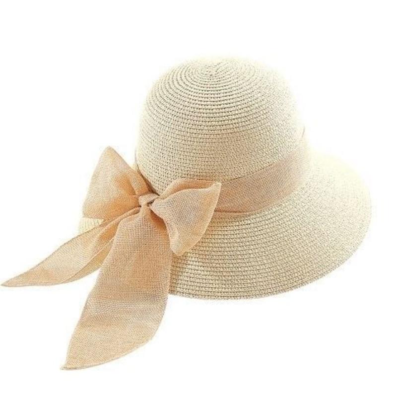 Lady New Bowknot Straw Hat Adult Summer Sunscreen Leisure Cap Wide Brim Students Fresh Raffia Shading Sun Cap Foldable