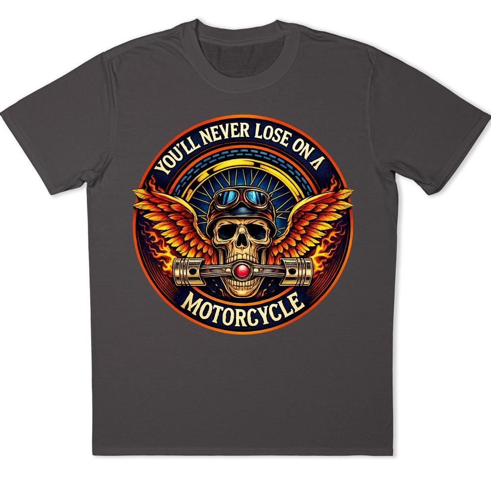 Winged Skull Motorcycle T-Shirt Biker Helmet Pistons Flames Gothic Graphic Tee
