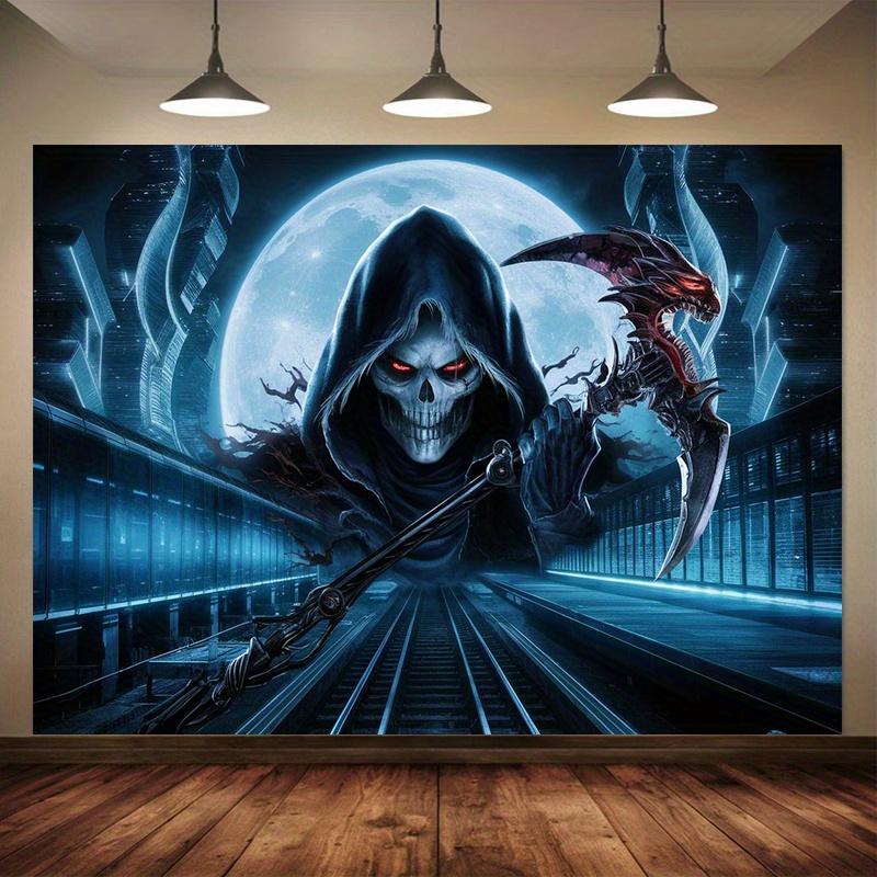 Cyber Reaper Tapestry Moonnight Urban Wall Carpet Gothic Skull Holding Dragon Sickle Art Room Decoration 100X70CM