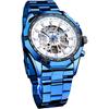 Forsining Automatic Skeleton Men's Watch Blue Black Stainless Steel Band Water Resistant Mechanical Timepiece