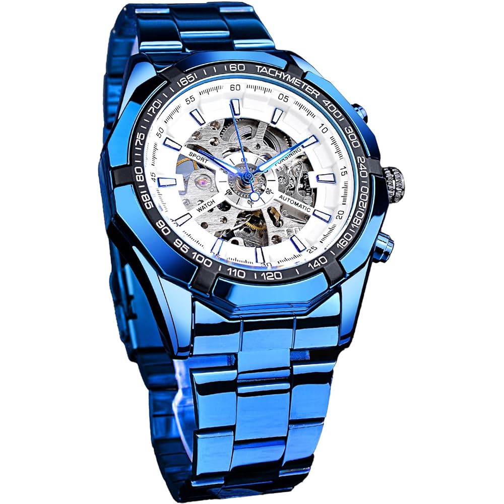 Forsining Automatic Skeleton Men s Watch Blue Black Stainless Steel Band Water Resistant Mechanical Timepiece