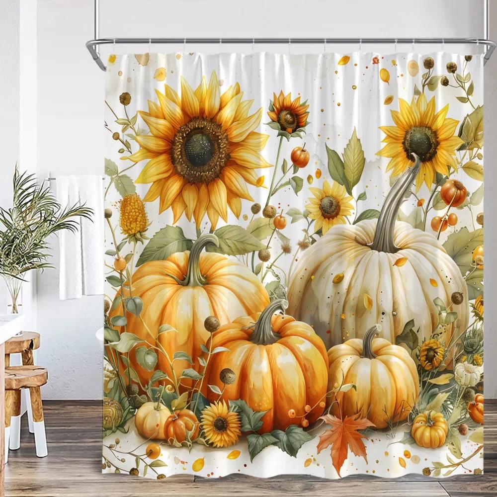 Cartoon shower curtain highland cattle harvest season pumpkin sunflower farmhouse bathroom decoration with hook shower curtain