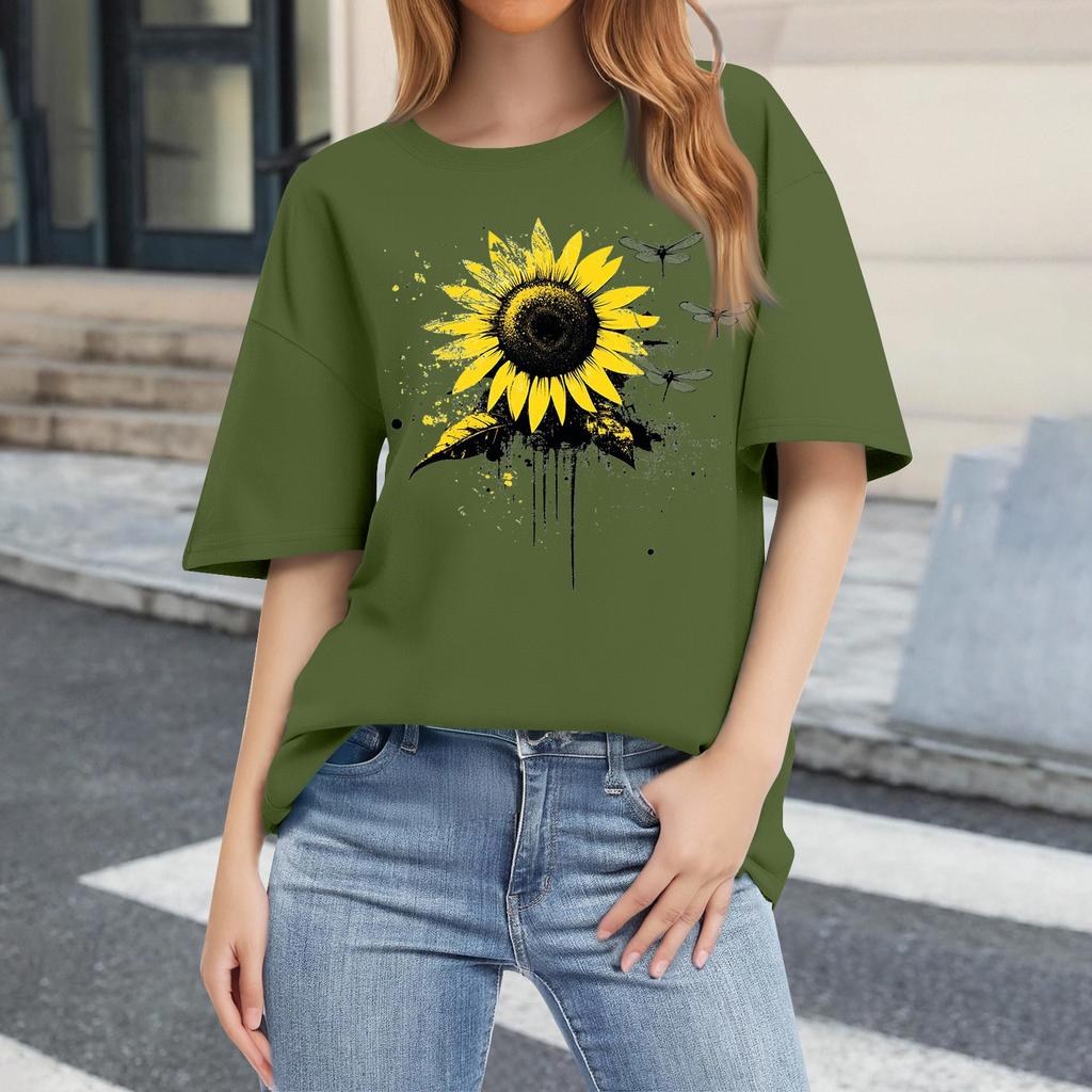 Women's Fashion Casual Printed Short Sleeve Round Neck Pullover Tops