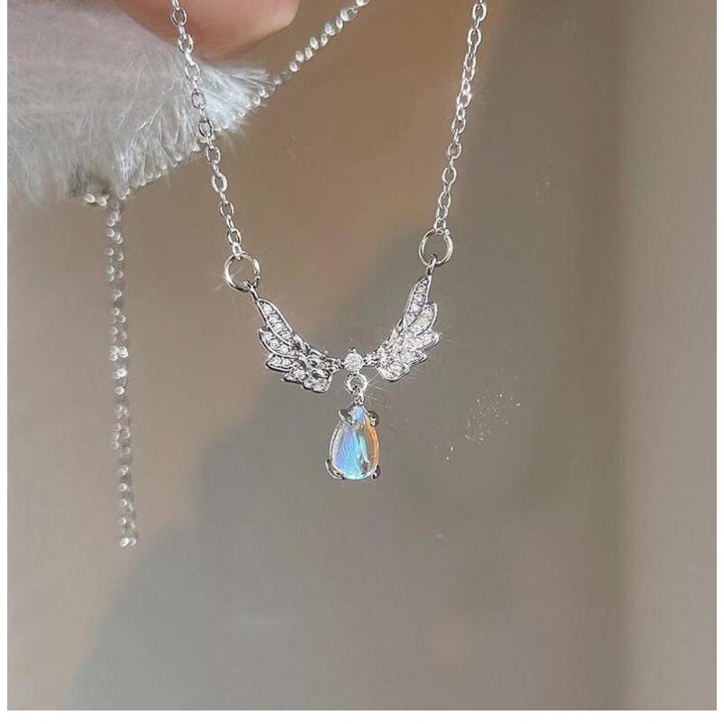 Women Light Luxury Minimalist Angel Wing Moonstone Drop Pendant Titanium Steel Clavicle Necklace