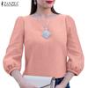 ZANZEA Women Casual O-neck 3/4 Sleeve Loose Pleated Blouse