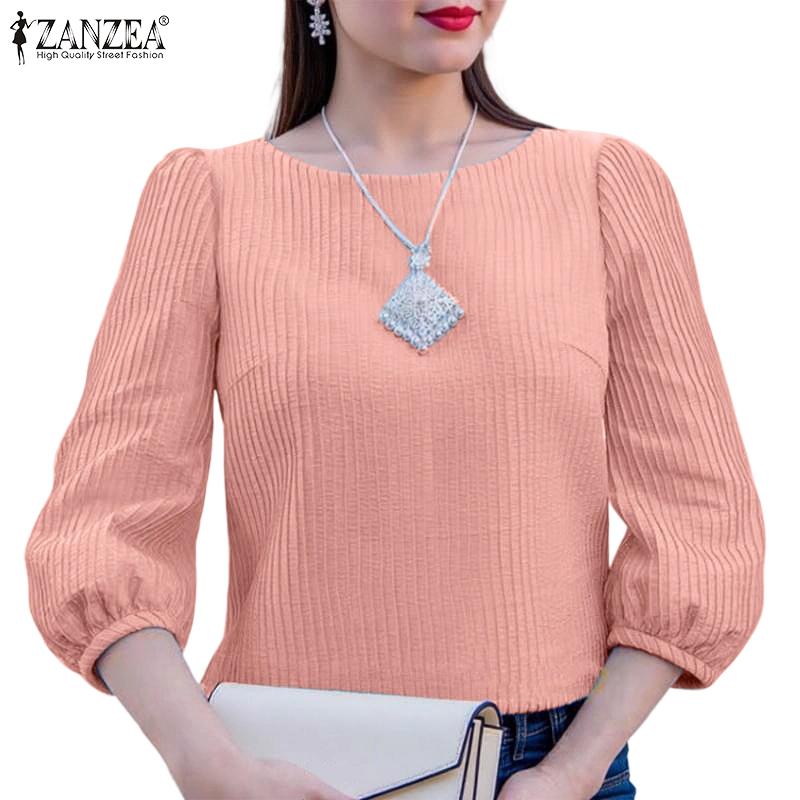 ZANZEA Women Casual O-neck 3/4 Sleeve Loose Pleated Blouse
