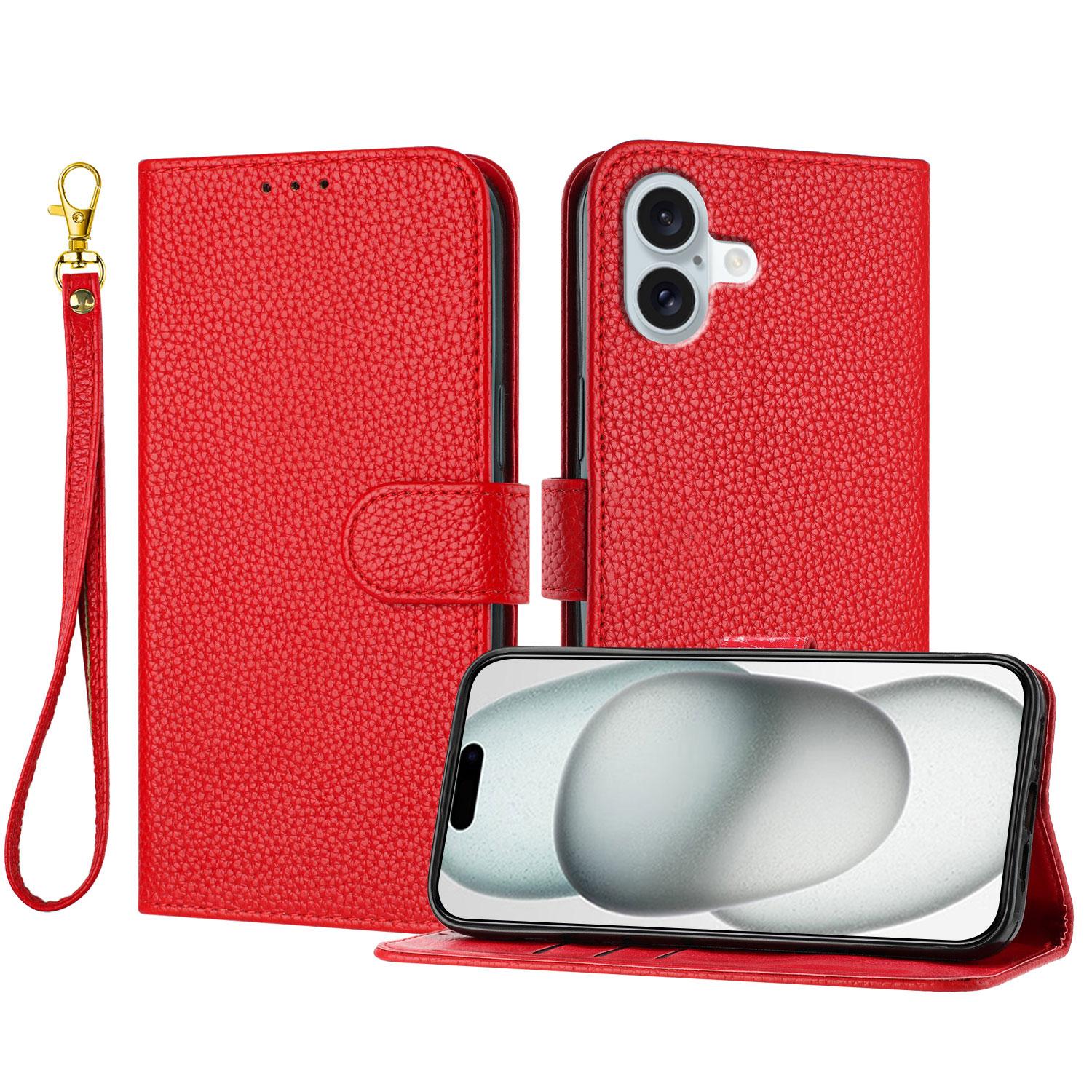 

For iPhone 16 Plus Leather Case Litchi Texture Wallet Stand Anti Drop Phone Cover with Wrist Strap Red