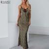ZANZEA Women Summer Straps Slim Leopard Print Slip Long Dress