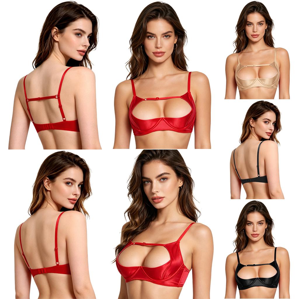 Women Lingerie Bra 1/4 Cup Push-up Underwire Adjustable Straps Satin Hollow Out Shelf Balconette Supportive Nightwear