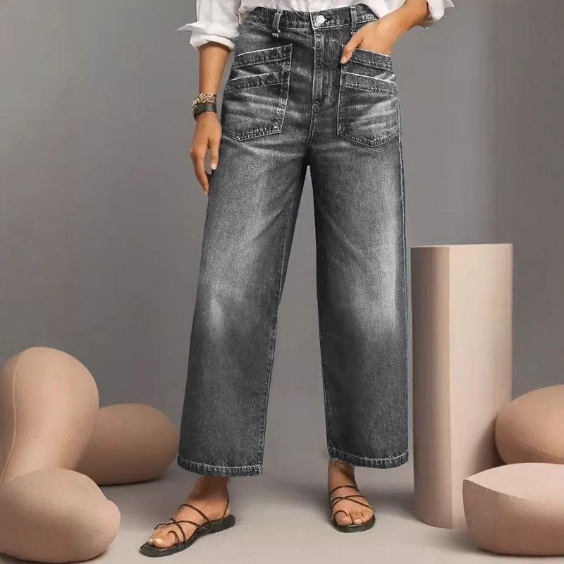 

Autumn Women European and American Elastic Mid-Waist Wide Leg Plus size Jeans Retro Washed Trousers Sanding Diagonal Pocket Cropped Pants Black Gray M(Code)