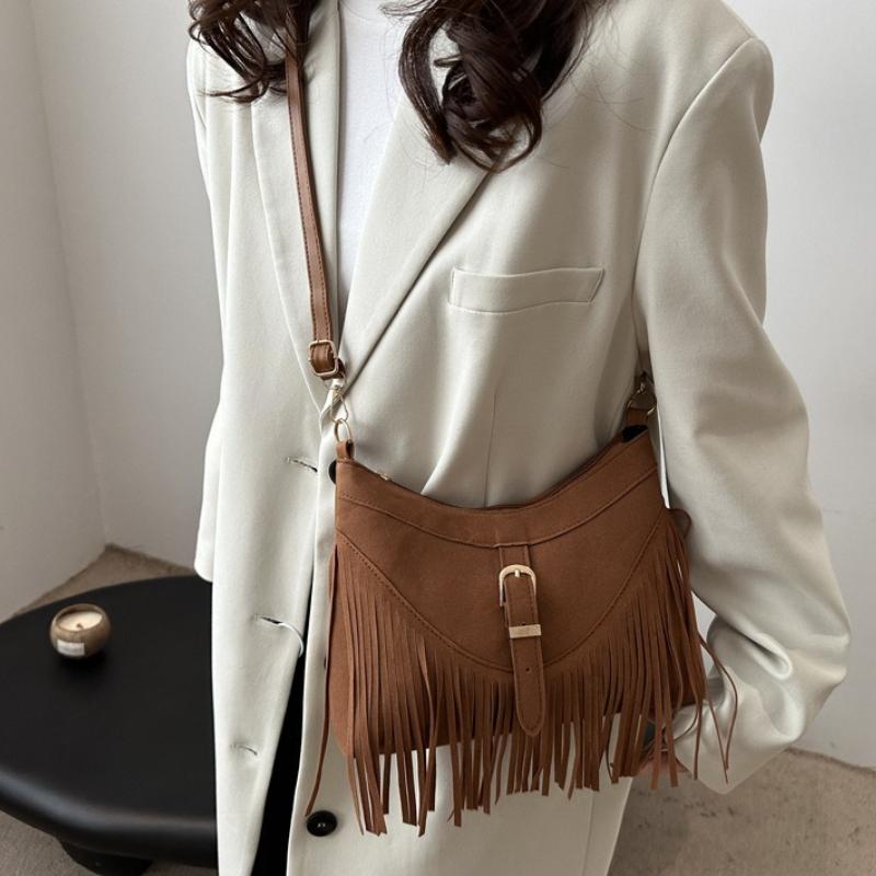 Vintage Western Suede Fringe Tote Bag with Adjustable Strap Buckle Accent Casual Crossbody Purse for Women ,Travel Shoulder Bag