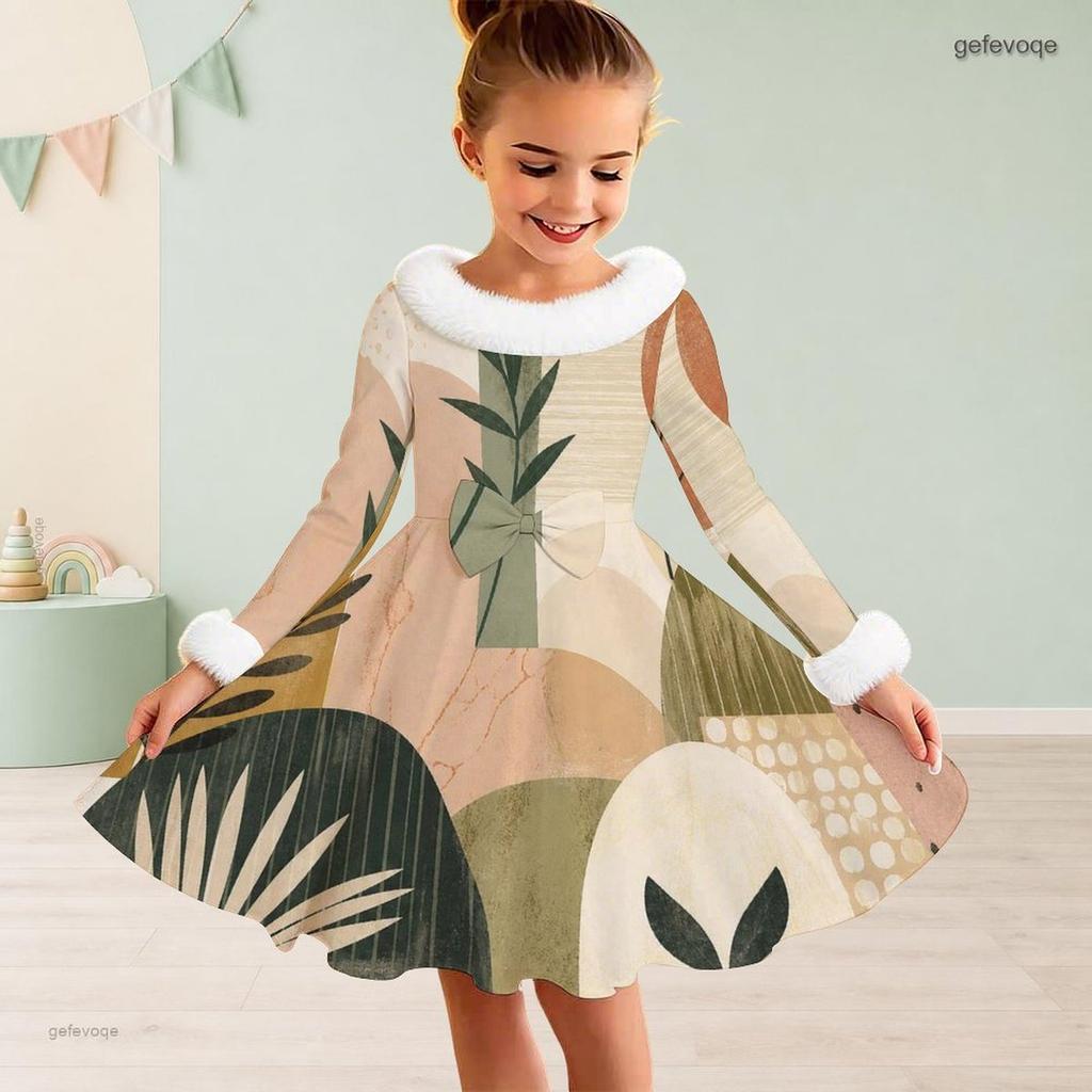 Little Girls Furry Collar Long Sleeve Printed A Line Flared Dress