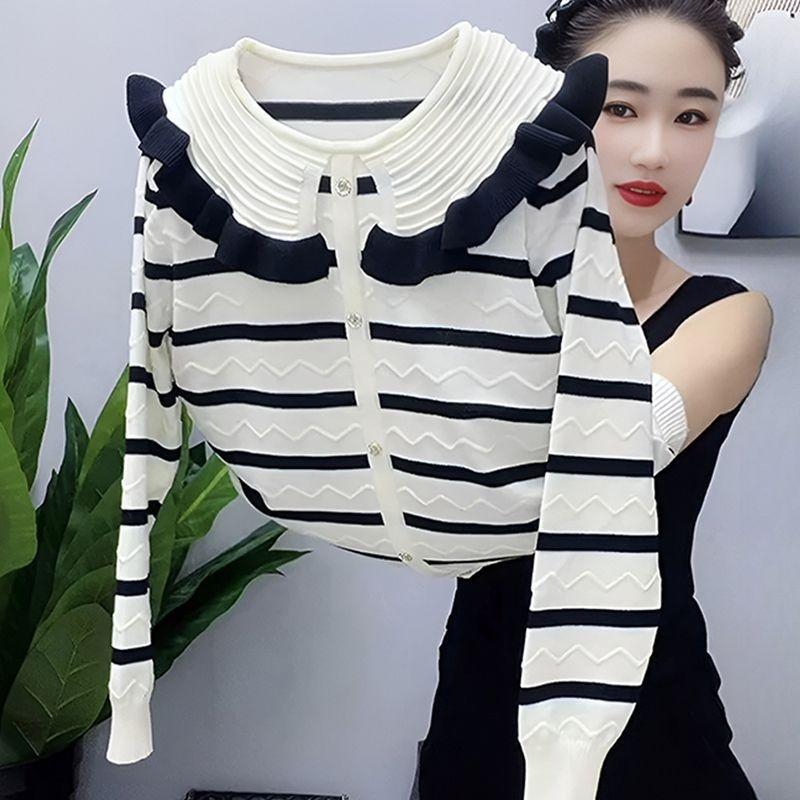 

Модный и молодежный полосатый пуловер, вязаный свитер для женщин, осенний новый стиль, стильный и универсальный, свободный и стройнящий топ с длинным рукавом One size белый