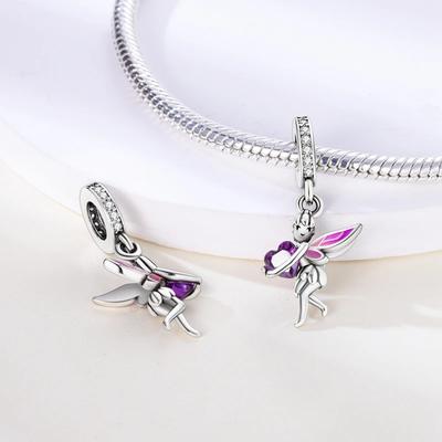 Copper Plated Purple-Pink Fairy Heart-Shaped Pendants Fit Charms Plataoriginal Bracelet Beads Women Jewellery Making
