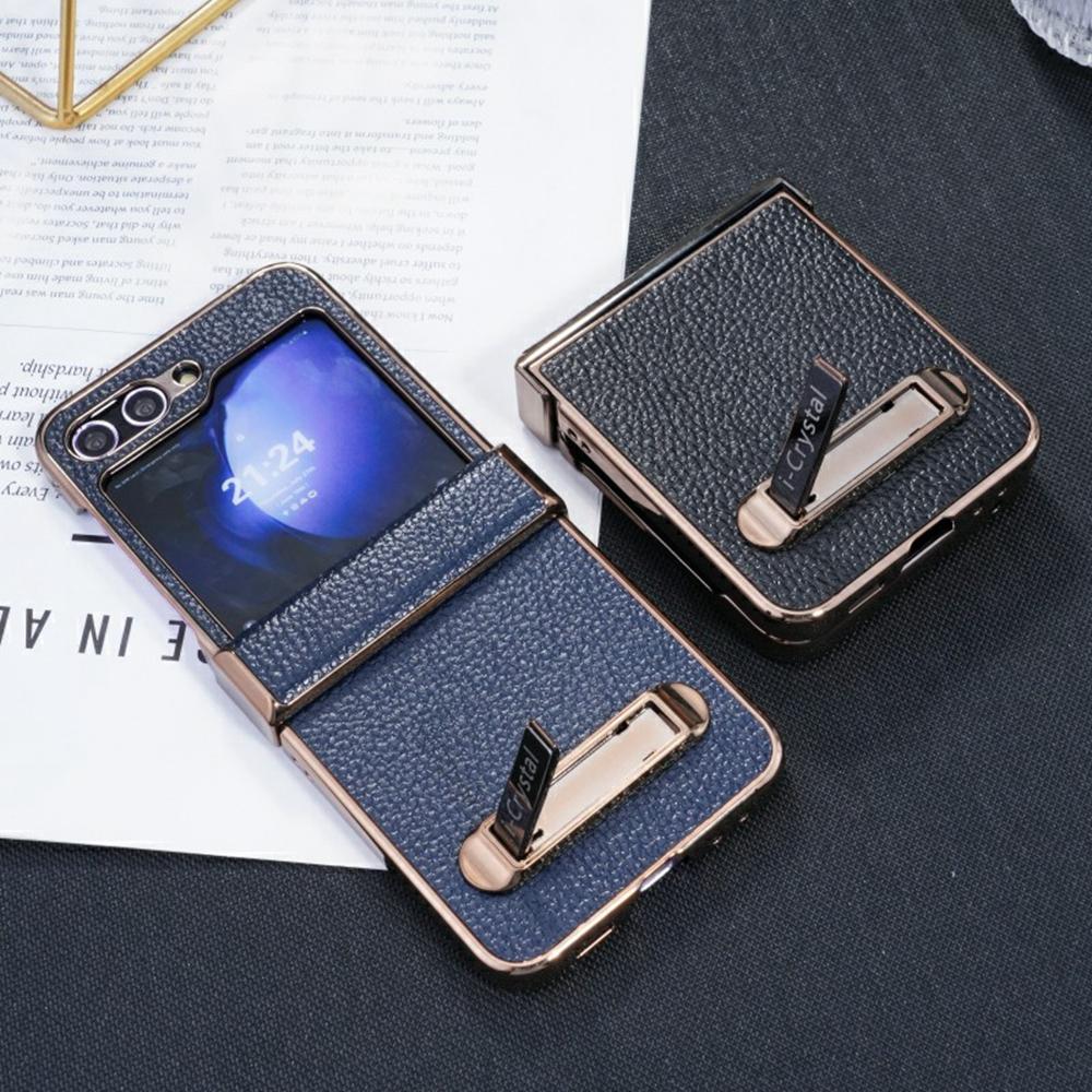 For Samsung Galaxy Z Flip6 5G Case Electroplated Leather+PC Phone Cover with Invisible Kickstand