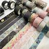 Adhesive Washi Tape 3 Rolls Golden Foil Tape, Retro Plaid Leaf Pattern Decorative Planner Masking for DIY Crafts, Journal, Planner, Scrapbooking