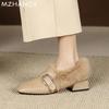 Women Fur Square Toe Cotton Shoes Leather Mid Heels Loafers Shoes Woman 2025 Trend Winter Warm Cozy Dress Snow Boots Zapatillas