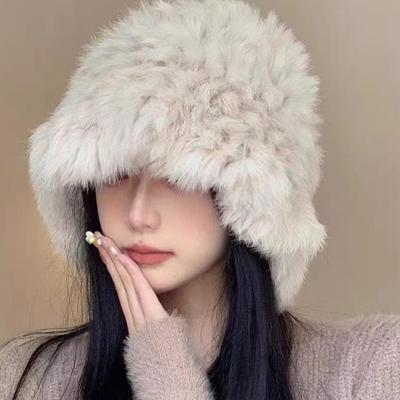 Kadınlar için Esnek Tavşan Kürk Beyaz Peluş Şapka Sonbahar Kış Sıcak Kulak Koruma Yün Şapkalar Kürk Örme Şapkalar