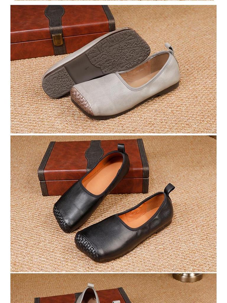 2025 Autumn Women's Retro Genuine Leather Square Toe Slip-On Ballet Flats